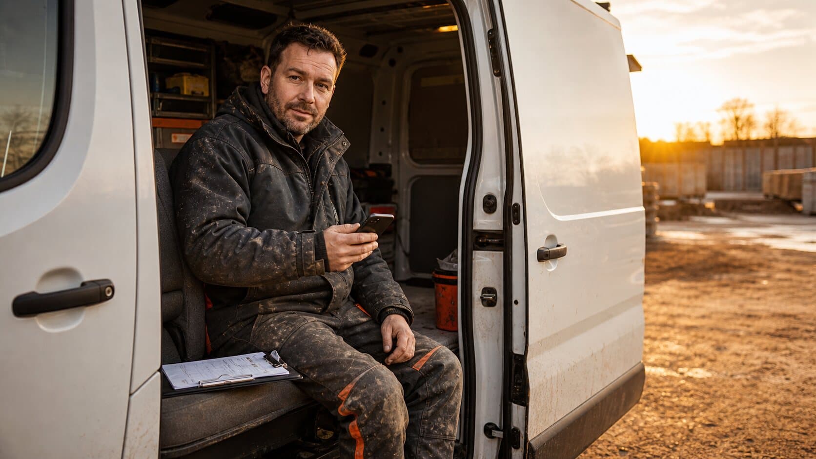 Tradesperson sitting in a white van at sunset holding a phone