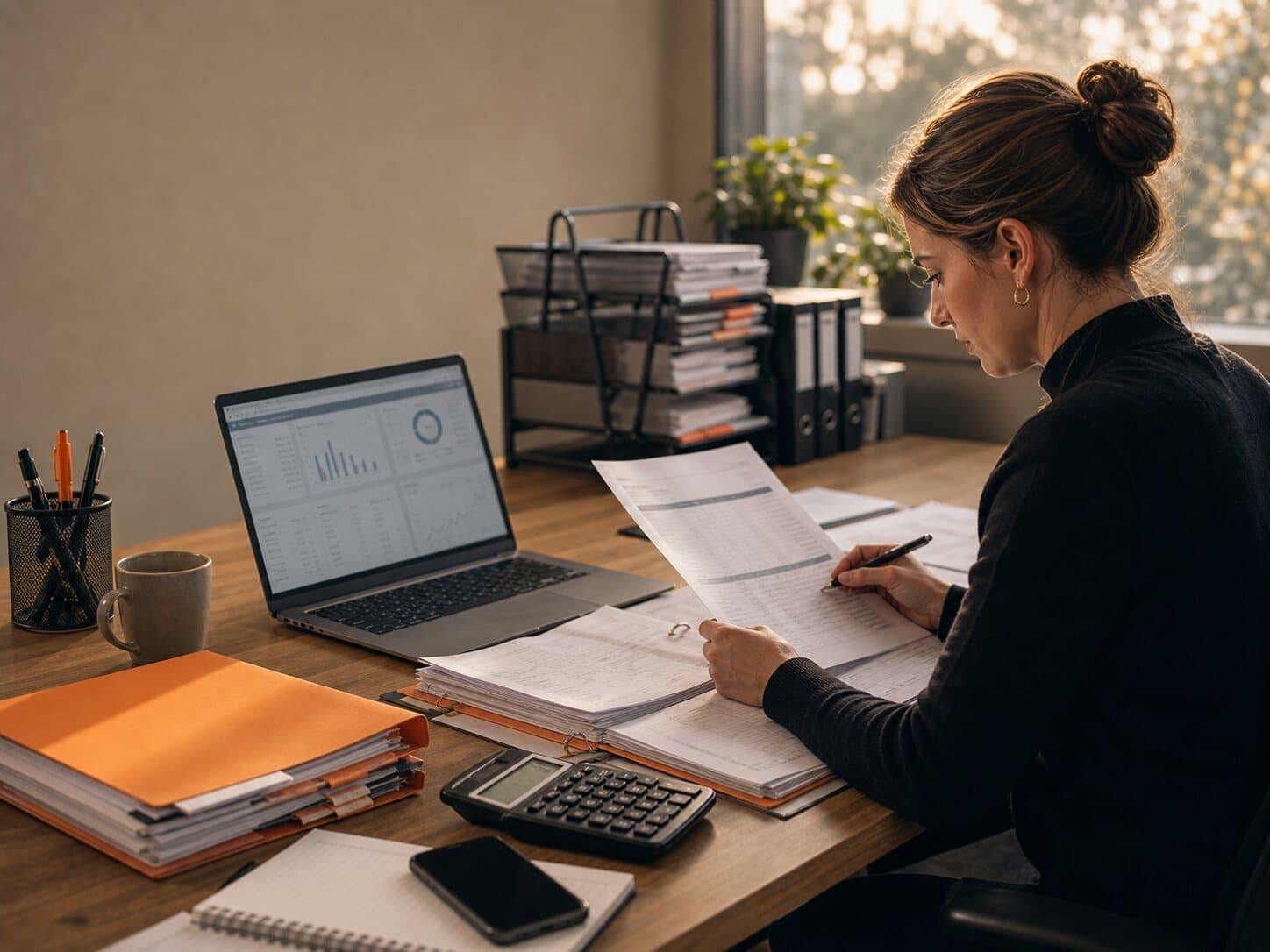 Accountant reviewing a clean client accounts receivable export pack at a warm desk