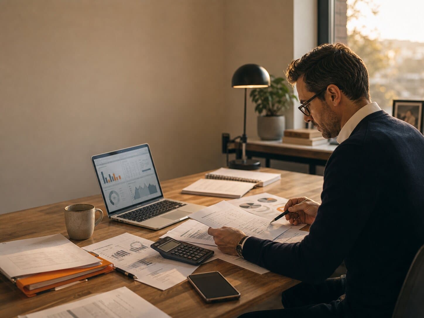 Fractional CFO reviewing board pack paperwork and retainer schedule at a warm desk