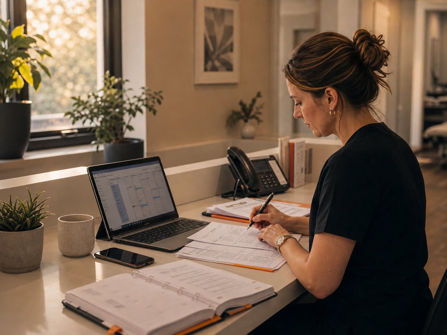 Private clinic manager checking encounter paperwork and insurer billing at reception