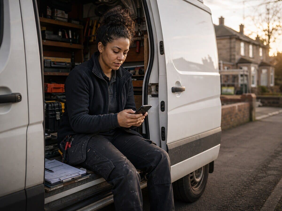 Tradesperson sending Meredith job details from a van