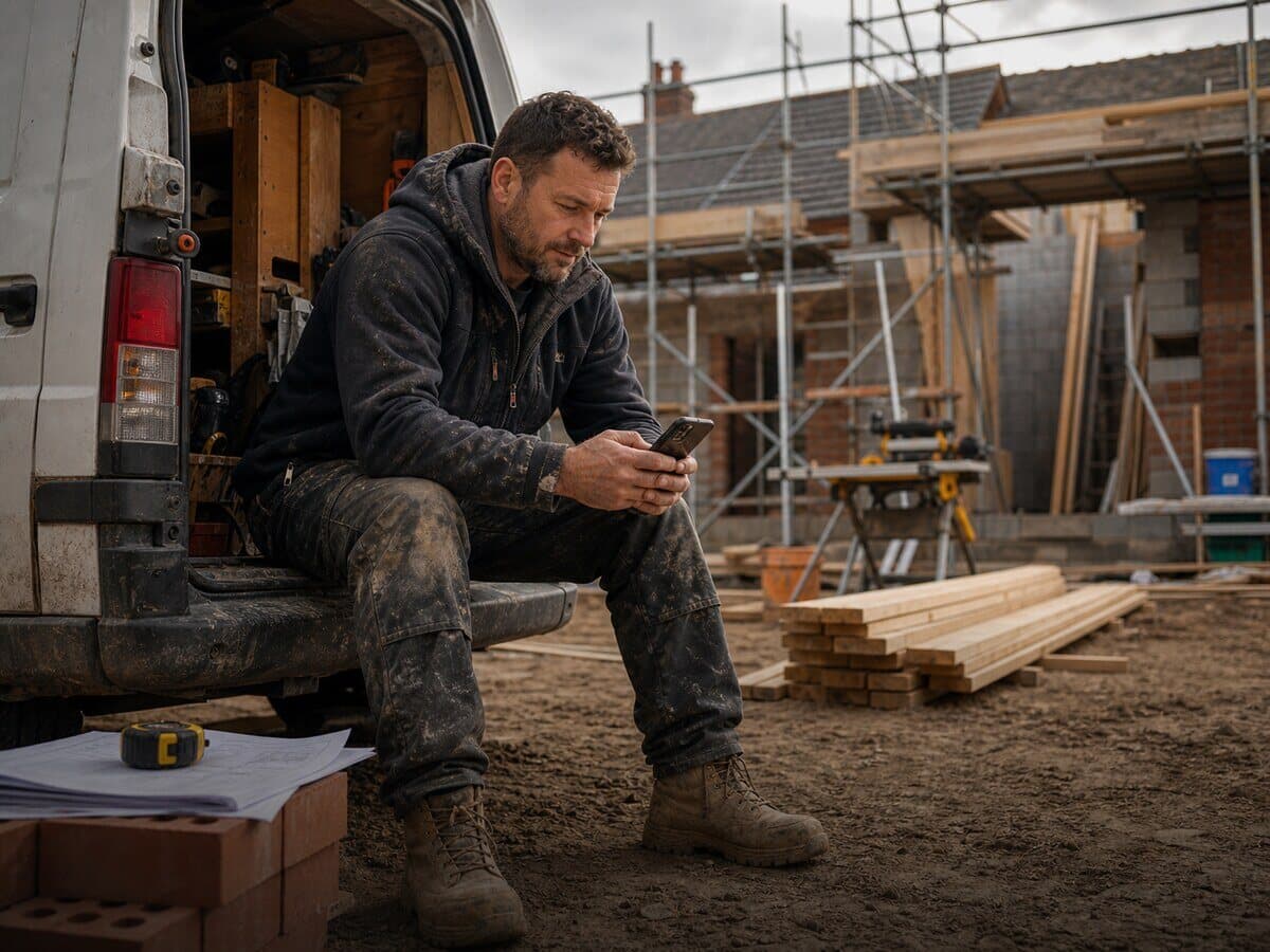 Builder checking a phone beside a van on a residential building site