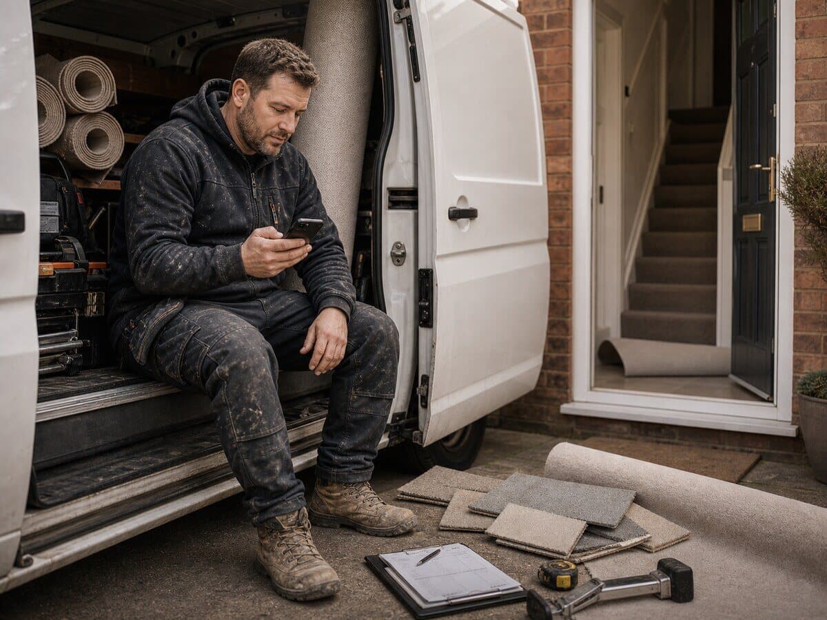 Carpet fitter checking a phone beside carpet rolls and a van