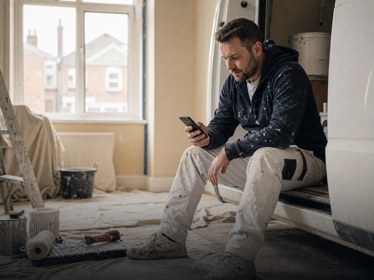 Painter and decorator checking a phone after finishing a room
