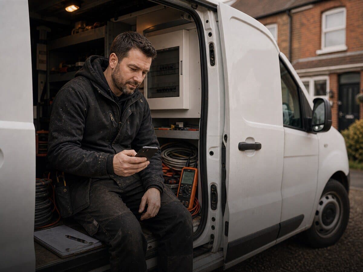 Electrician sending Meredith job details from a van after an electrical job