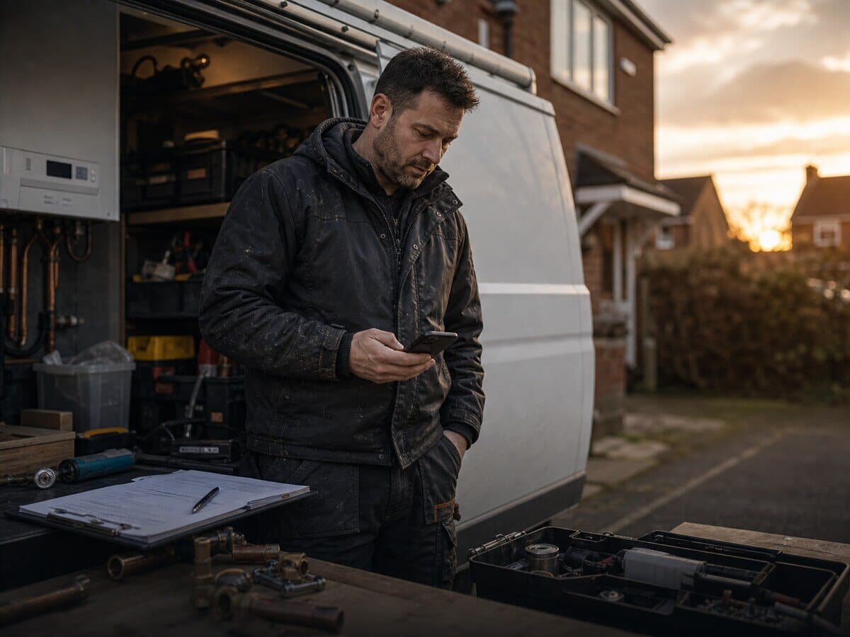Heating engineer checking a phone beside a van after a boiler job