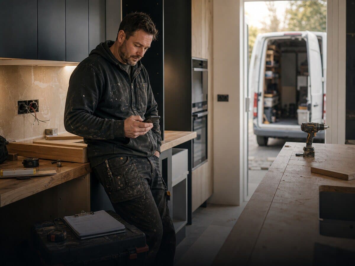 Kitchen fitter checking a phone beside a partly fitted kitchen