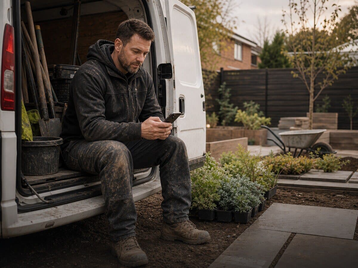 Landscaper checking a phone beside a van and garden materials