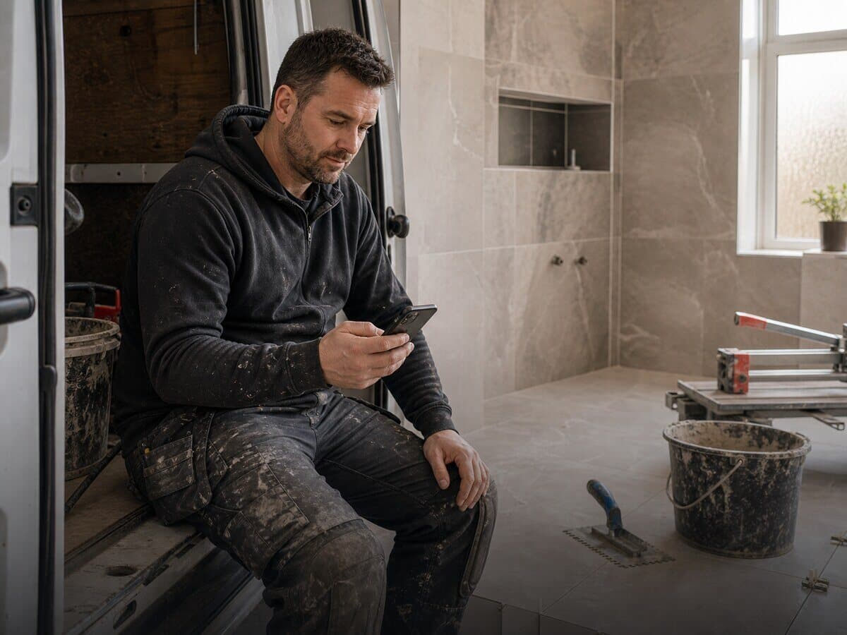 Tiler checking a phone after finishing a bathroom tiling job