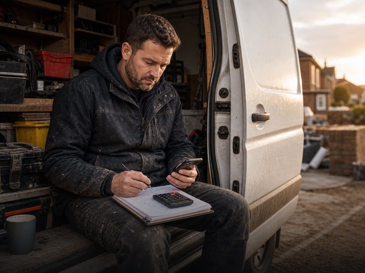 Tradesperson checking job numbers on a phone and notebook from a van