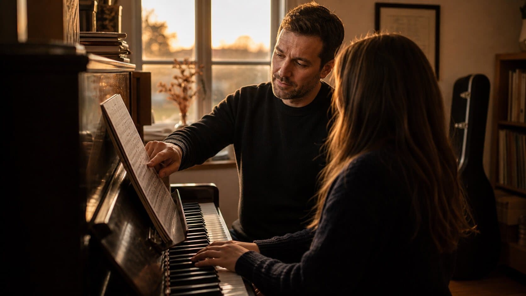 A music teacher guiding a student at a piano in warm evening light.
