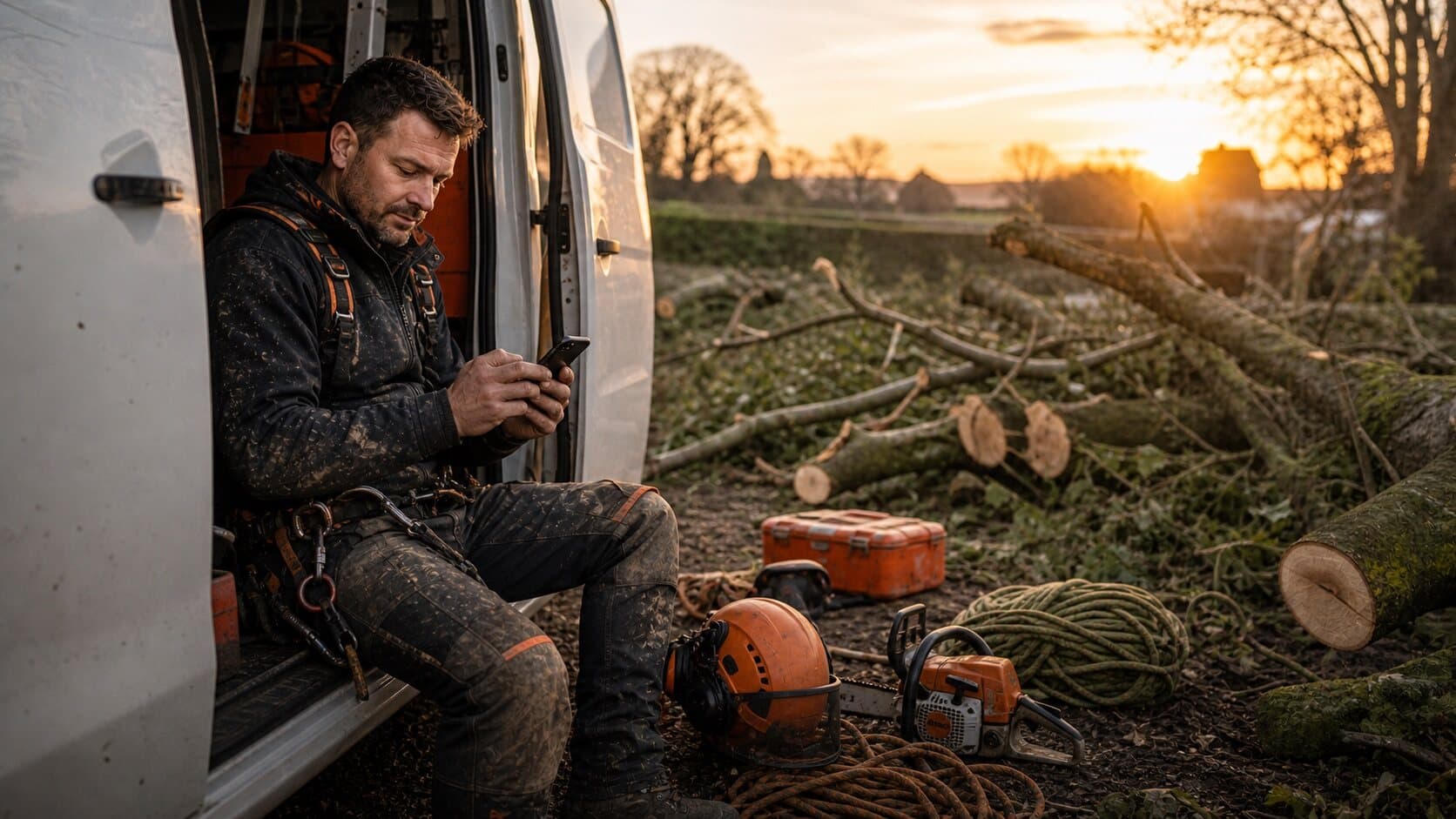 A tree surgeon checking equipment beside a van and cut branches.